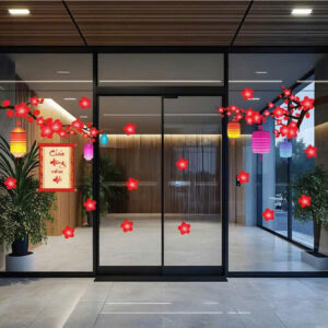 DECAL DÁN KÍNH TRANG TRÍ TẾT HAI CÀNH ĐÀO ĐỎ TREO LỒNG ĐÈN