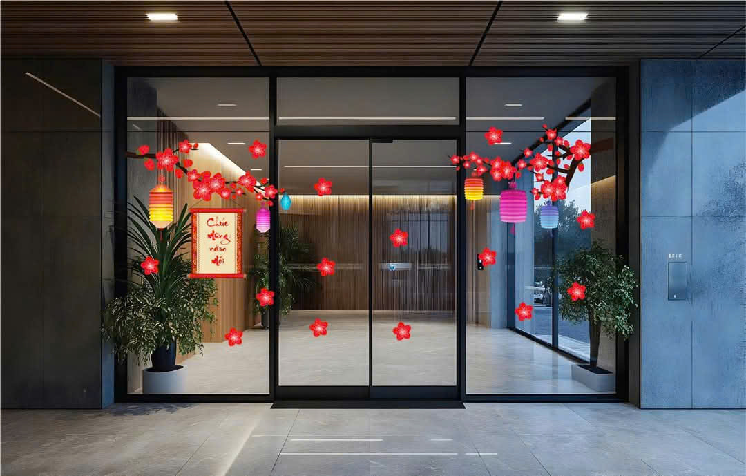 DECAL DÁN KÍNH TRANG TRÍ TẾT HAI CÀNH ĐÀO ĐỎ TREO LỒNG ĐÈN