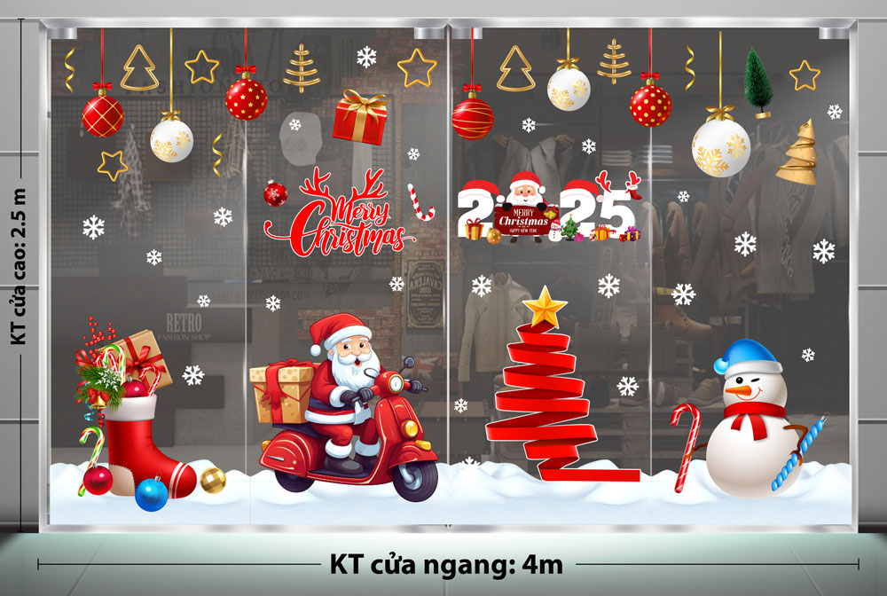 TRANG TRÍ GIÁNG SINH CHO CỬA HÀNG ĐIỆN THOẠI ÔNG GIÀ NOEL CHẠY XE VÀ CÂY THÔNG ĐỎ