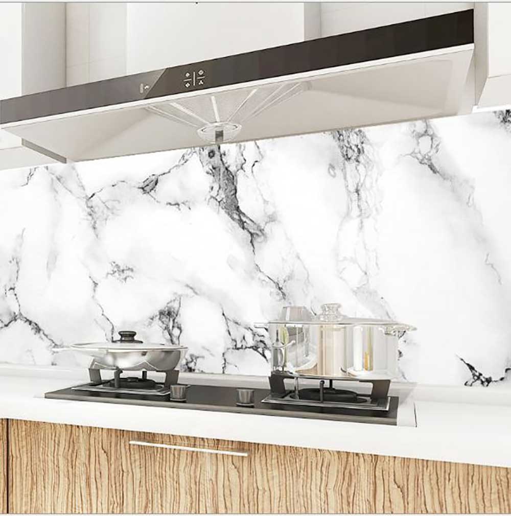 Decal dán bếp tráng nhôm đá Marble trắng vân đen