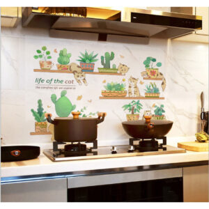 Decal dán bếp chậu xương rồng và mèo con