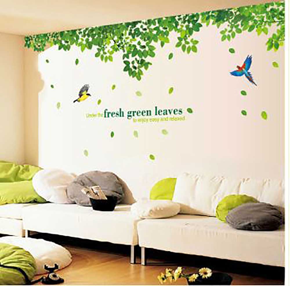 Decal giàn cây xanh lá và đôi chim