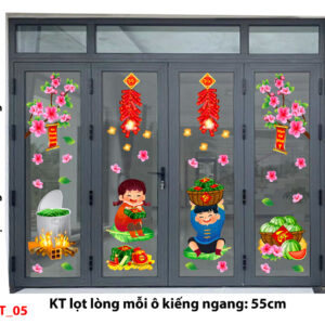 TRANG TRÍ TẾT CỬA KÍNH XINGFA BÉ TRAI VÀ GÁI NẤU BÁNH CHƯNG VÀ ĐÀO HỒNG