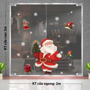 DECAL TRANG TRÍ GIÁNG SINH ÔNG GIÀ NOEL ĐỎ CẦM CÂY THÔNG