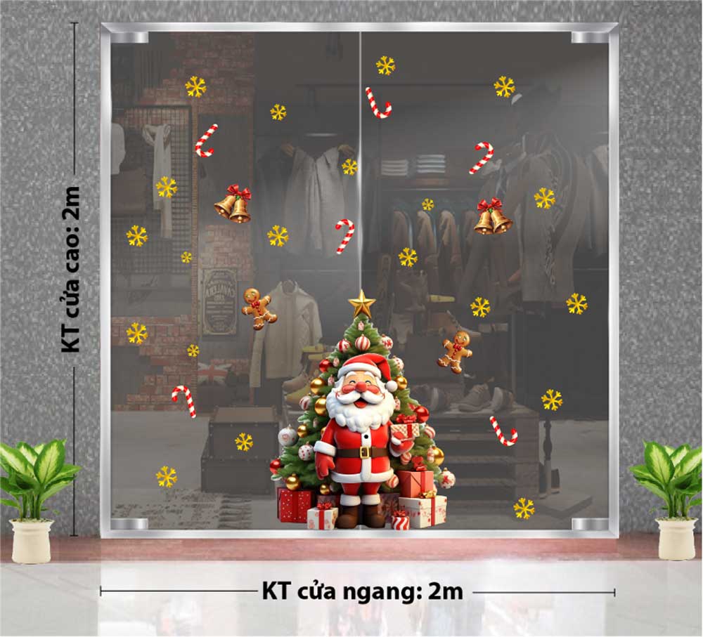 DECAL TRANG TRÍ GIÁNG SINH ÔNG GIÀ NOEL BÊN CÂY THÔNG XANH