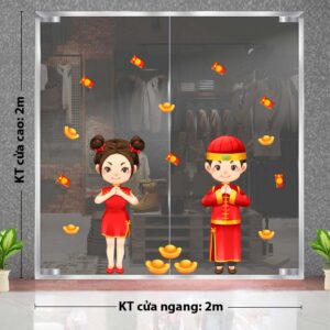 DECAL TRANG TRÍ TẾT BÉ TRAI BÉ GÁI ÁO DÀI ĐỎ CHÚC TẾT