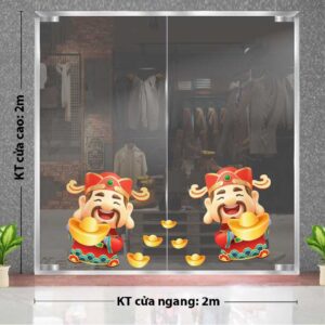 DECAL TRANG TRÍ TẾT HAI ÔNG THẦN TÀI ÔM VÀNG ĐÓN CHÀO