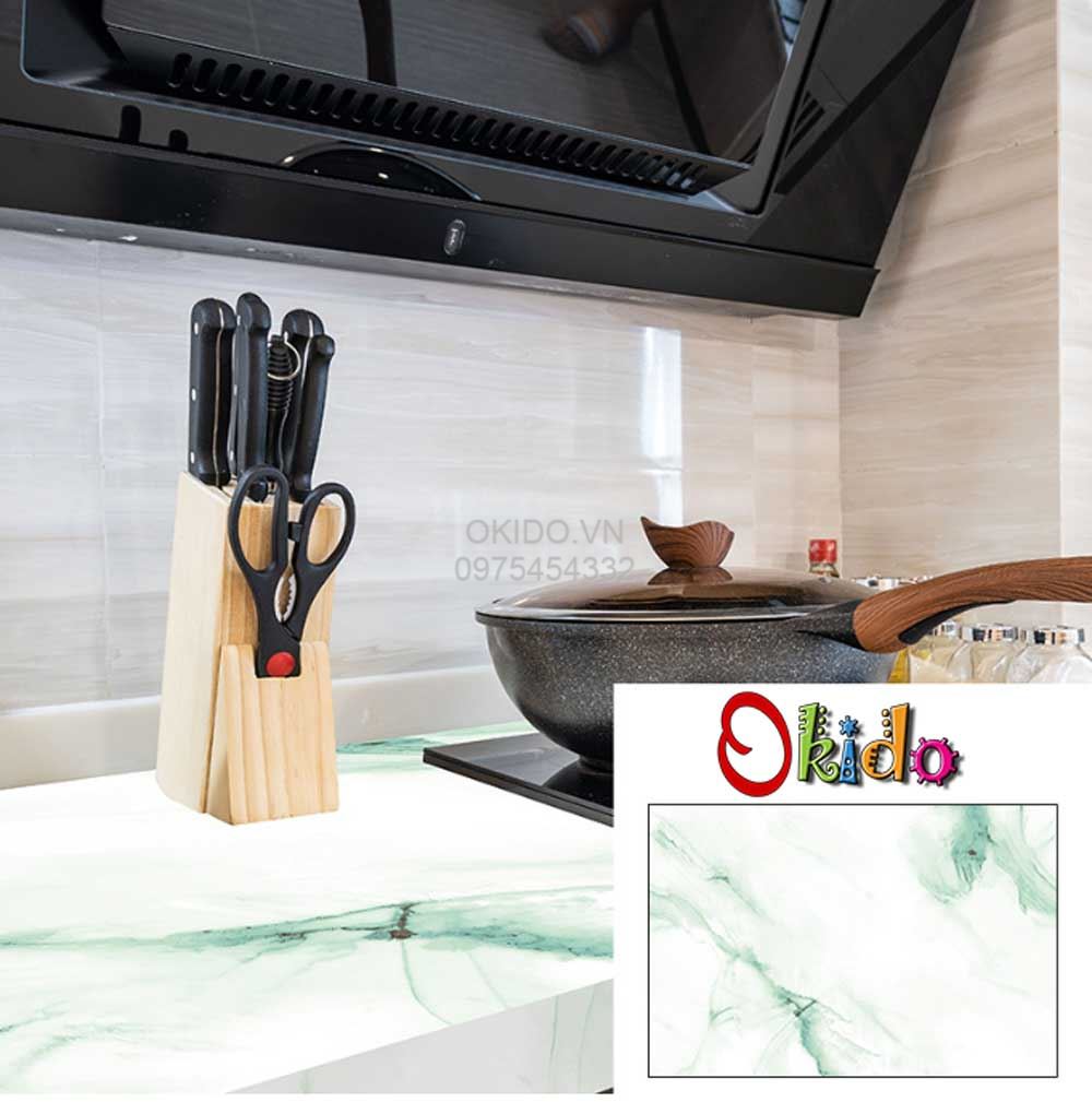 DECAL DÁN BẾP TRẮNG NHÔM ĐÁ MARBLE TRẮNG VÂN XANH